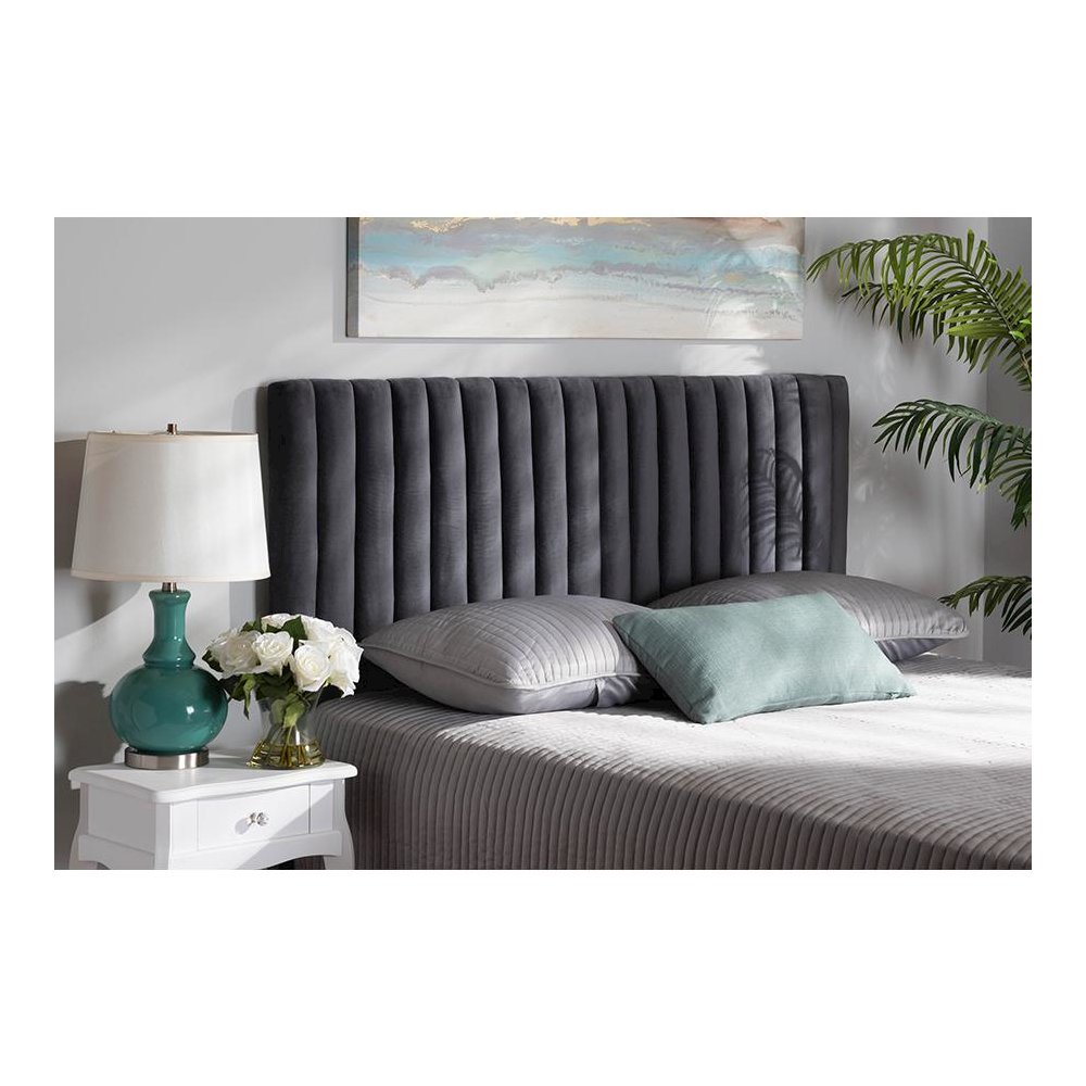 Grey Velvet Fabric Upholstered and Dark Brown Finished Wood King Size Headboard. Picture 4