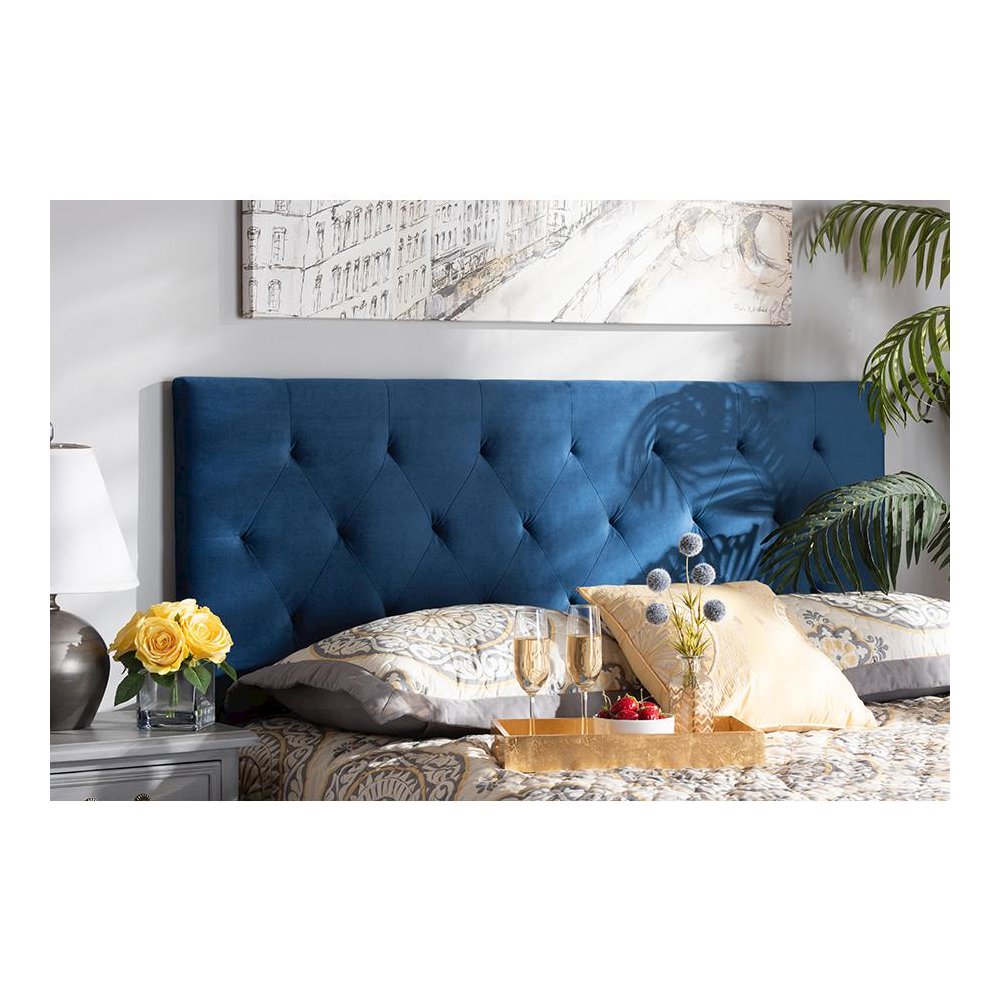 Navy Blue Velvet Fabric Upholstered Queen Size Headboard. Picture 4