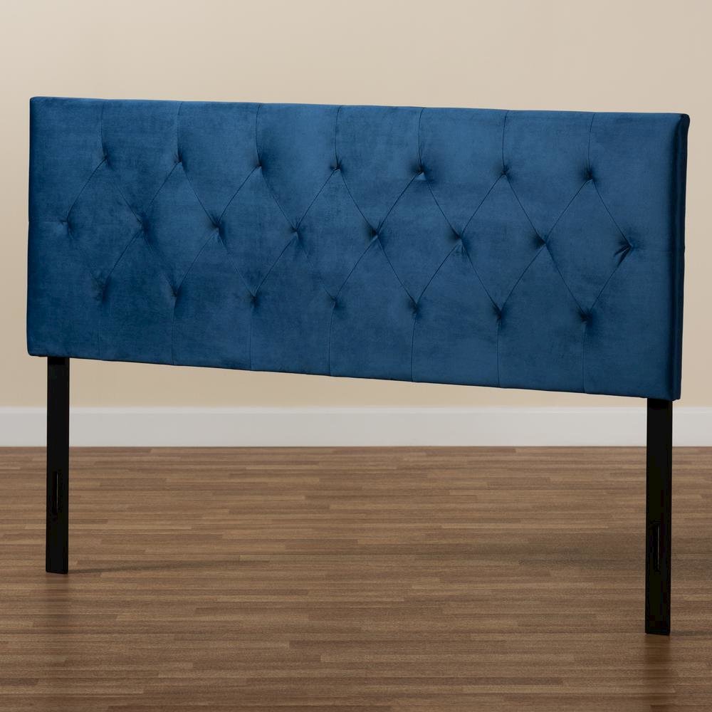 Navy Blue Velvet Fabric Upholstered Queen Size Headboard. Picture 13