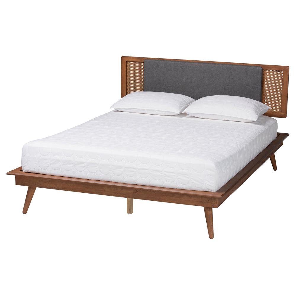 Dark Grey Fabric and Walnut Brown Finished Wood Queen Size Platform Bed. Picture 12