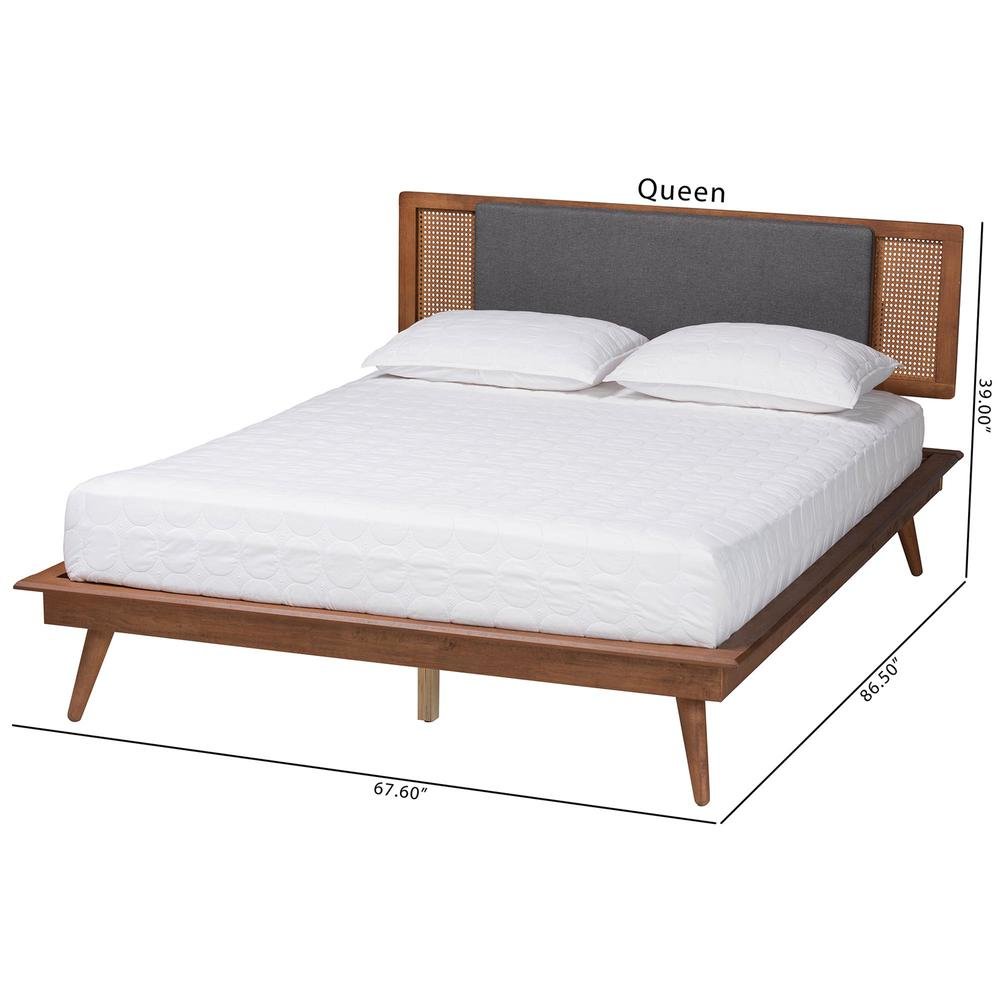 Dark Grey Fabric and Walnut Brown Finished Wood Queen Size Platform Bed. Picture 21
