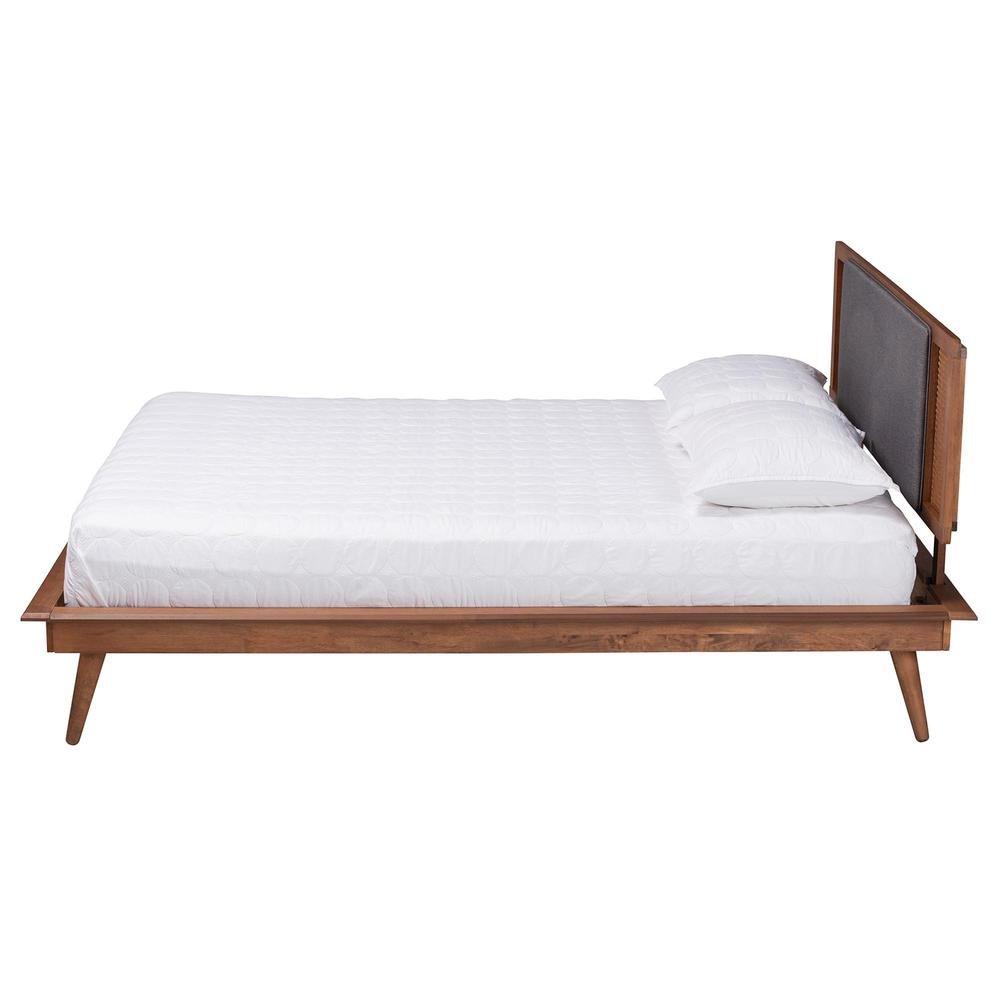 Dark Grey Fabric and Walnut Brown Finished Wood Queen Size Platform Bed. Picture 13