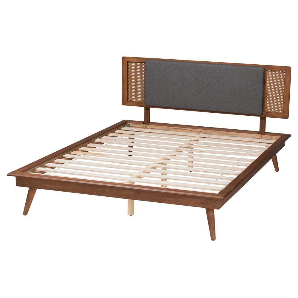 Dark Grey Fabric and Walnut Brown Finished Wood Queen Size Platform Bed. Picture 14