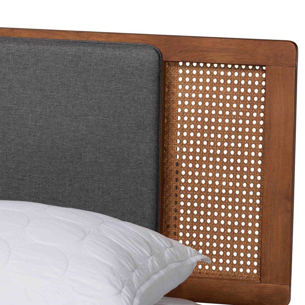 Dark Grey Fabric and Walnut Brown Finished Wood Queen Size Platform Bed. Picture 15