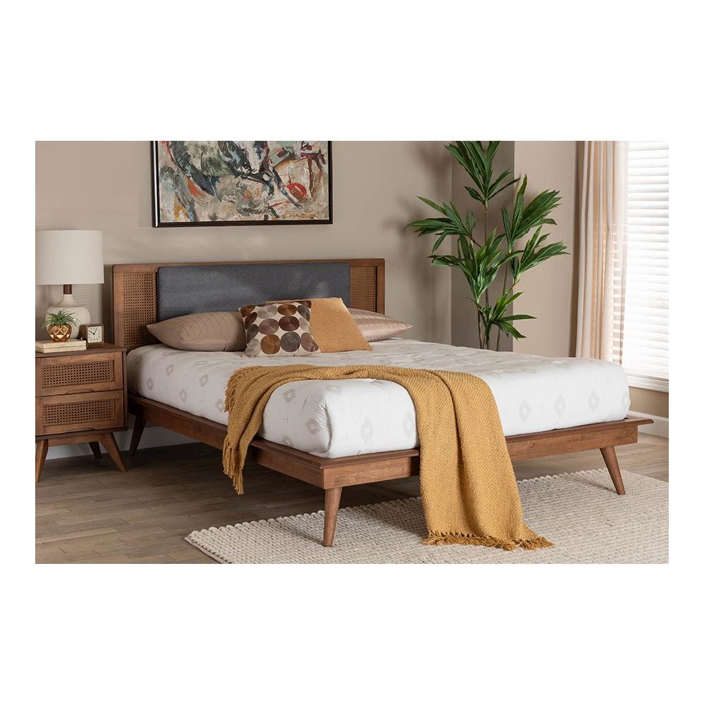 Dark Grey Fabric and Walnut Brown Finished Wood Queen Size Platform Bed. Picture 7