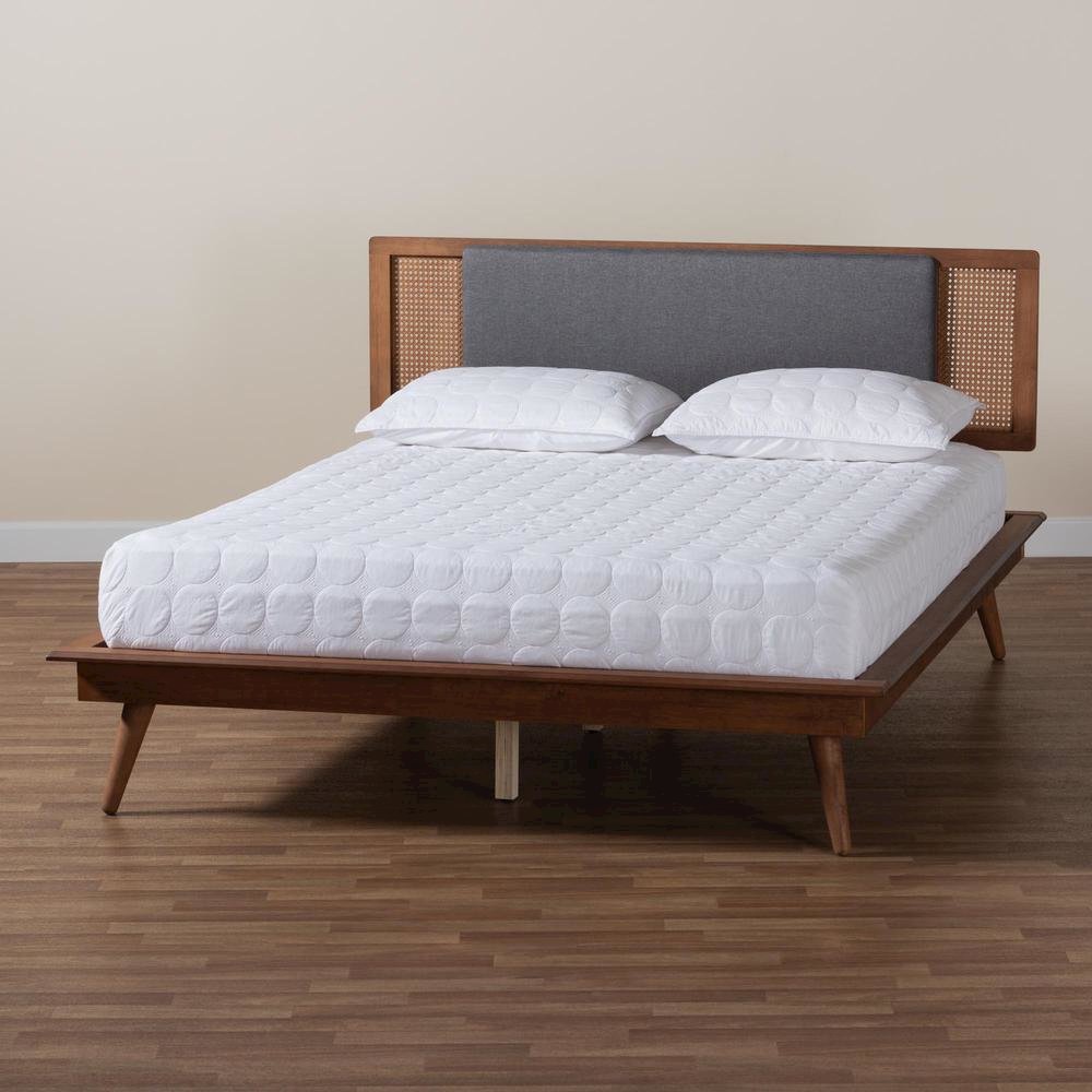 Dark Grey Fabric and Walnut Brown Finished Wood Queen Size Platform Bed. Picture 19