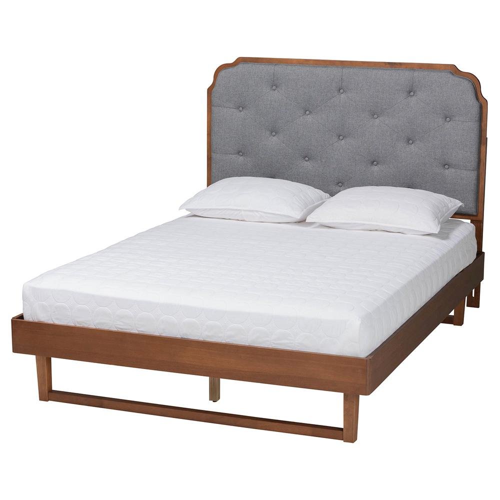Grey Fabric and Walnut Brown Wood King Size Platform Bed. Picture 12