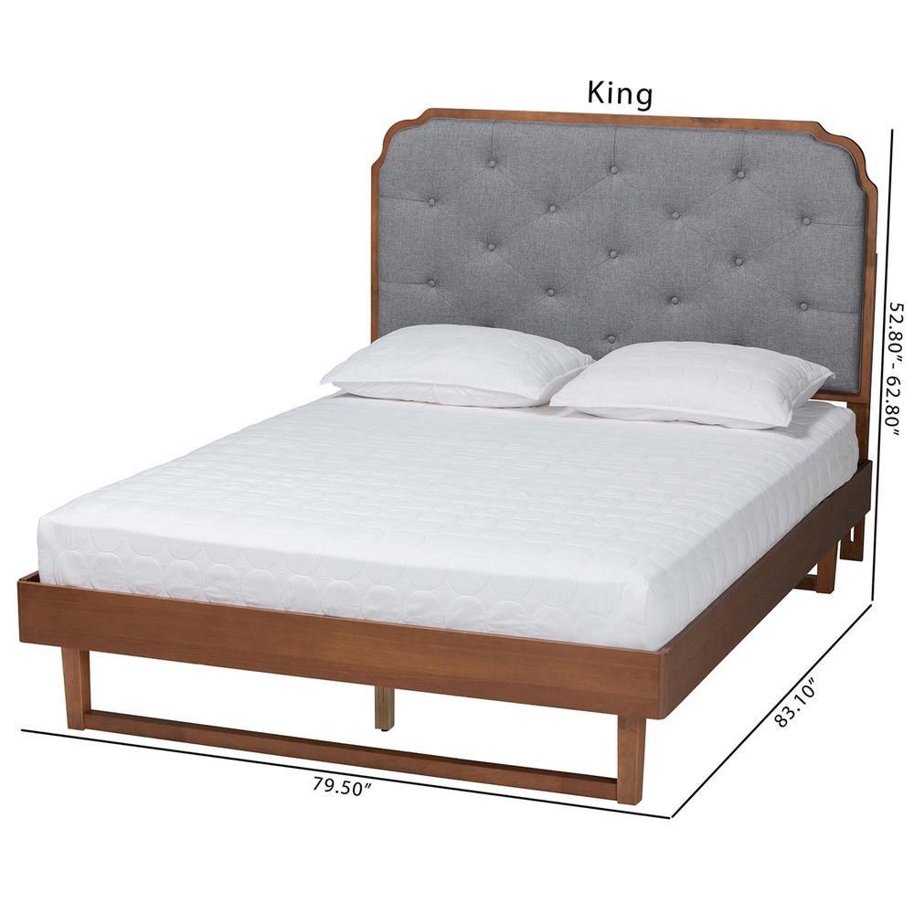 Grey Fabric and Walnut Brown Wood King Size Platform Bed. Picture 21