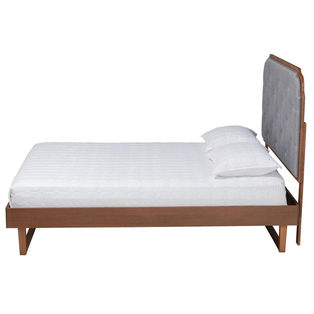 Grey Fabric and Walnut Brown Wood King Size Platform Bed. Picture 13