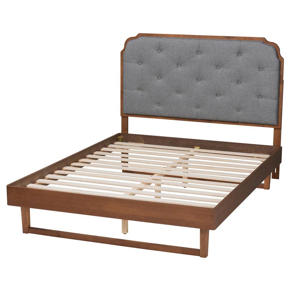 Grey Fabric and Walnut Brown Wood King Size Platform Bed. Picture 14