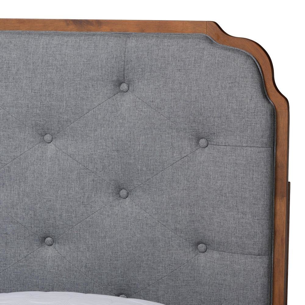 Grey Fabric and Walnut Brown Wood King Size Platform Bed. Picture 15