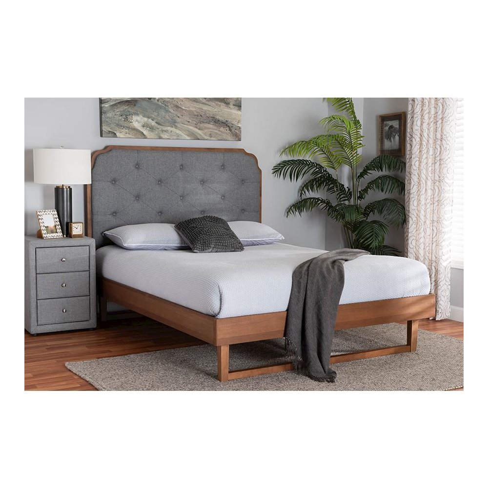 Grey Fabric and Walnut Brown Wood King Size Platform Bed. Picture 7
