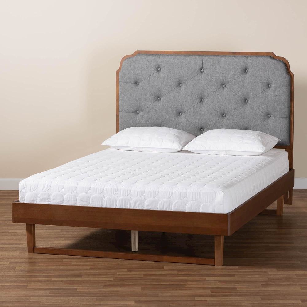 Grey Fabric and Walnut Brown Wood King Size Platform Bed. Picture 19