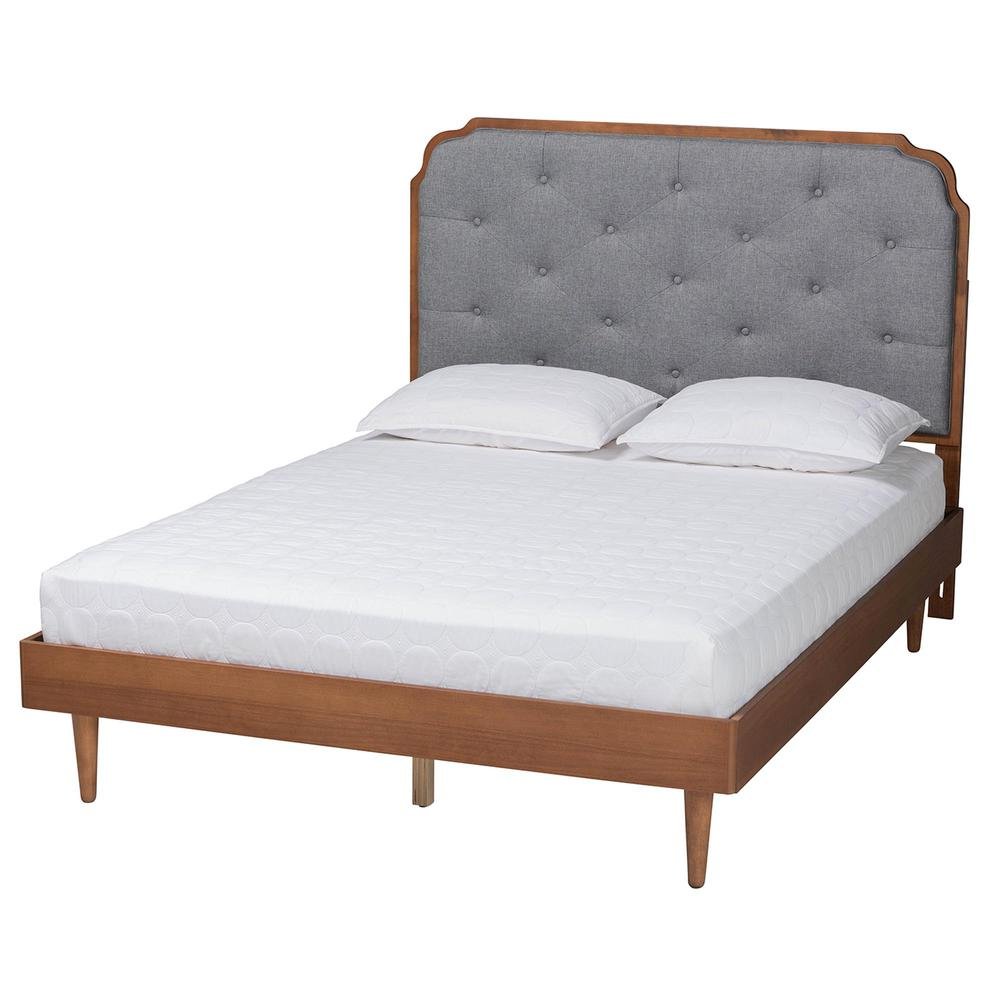 Grey Fabric and Walnut Brown Wood King Size Platform Bed. Picture 12