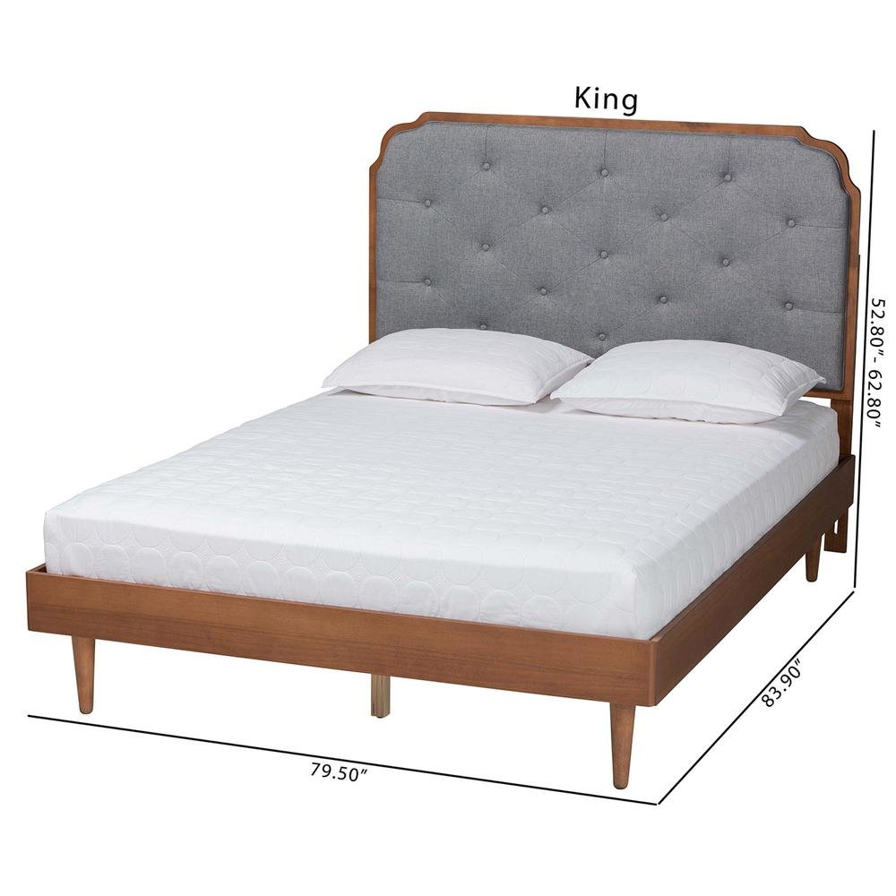 Grey Fabric and Walnut Brown Wood King Size Platform Bed. Picture 21