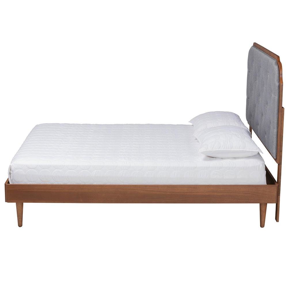 Grey Fabric and Walnut Brown Wood King Size Platform Bed. Picture 13
