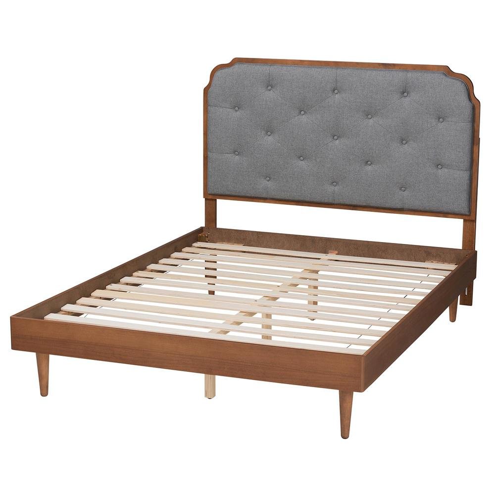 Grey Fabric and Walnut Brown Wood King Size Platform Bed. Picture 14
