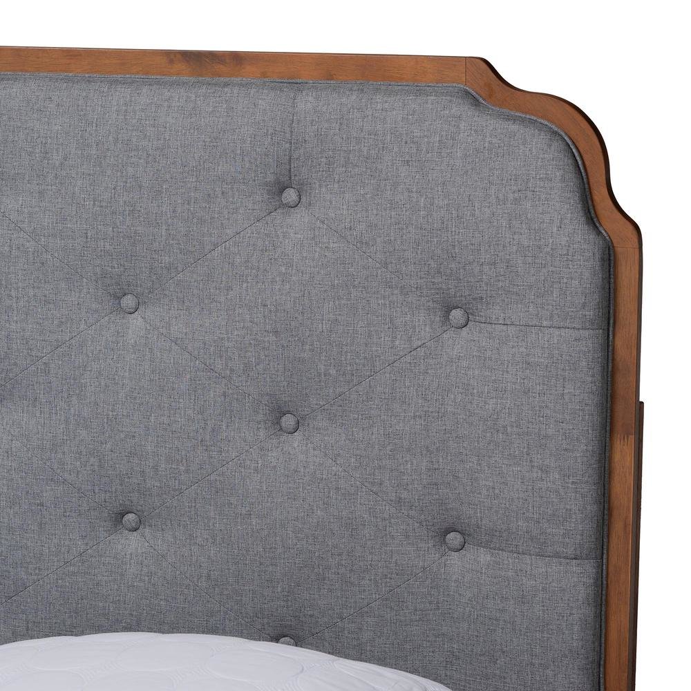Grey Fabric and Walnut Brown Wood King Size Platform Bed. Picture 15