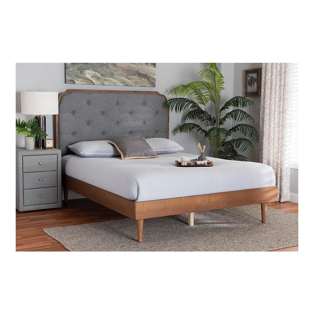 Grey Fabric and Walnut Brown Wood King Size Platform Bed. Picture 7