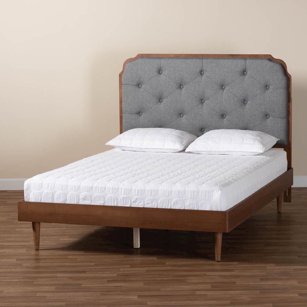Grey Fabric and Walnut Brown Wood King Size Platform Bed. Picture 19