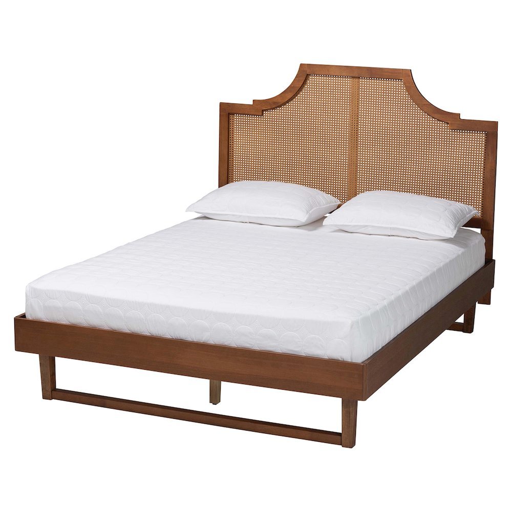 Francine Mid-Century Modern Ash Walnut Woven Rattan King Size Bed. Picture 12