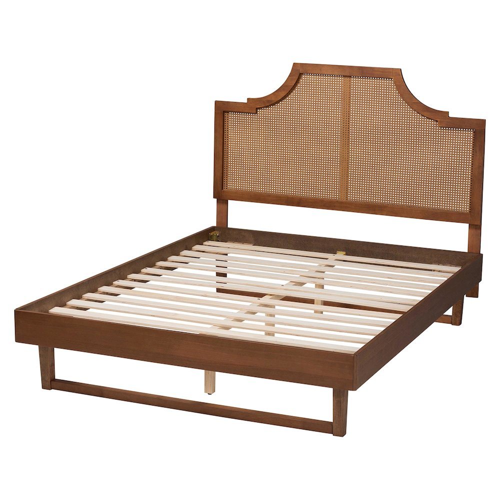 Francine Mid-Century Modern Ash Walnut Woven Rattan King Size Bed. Picture 14