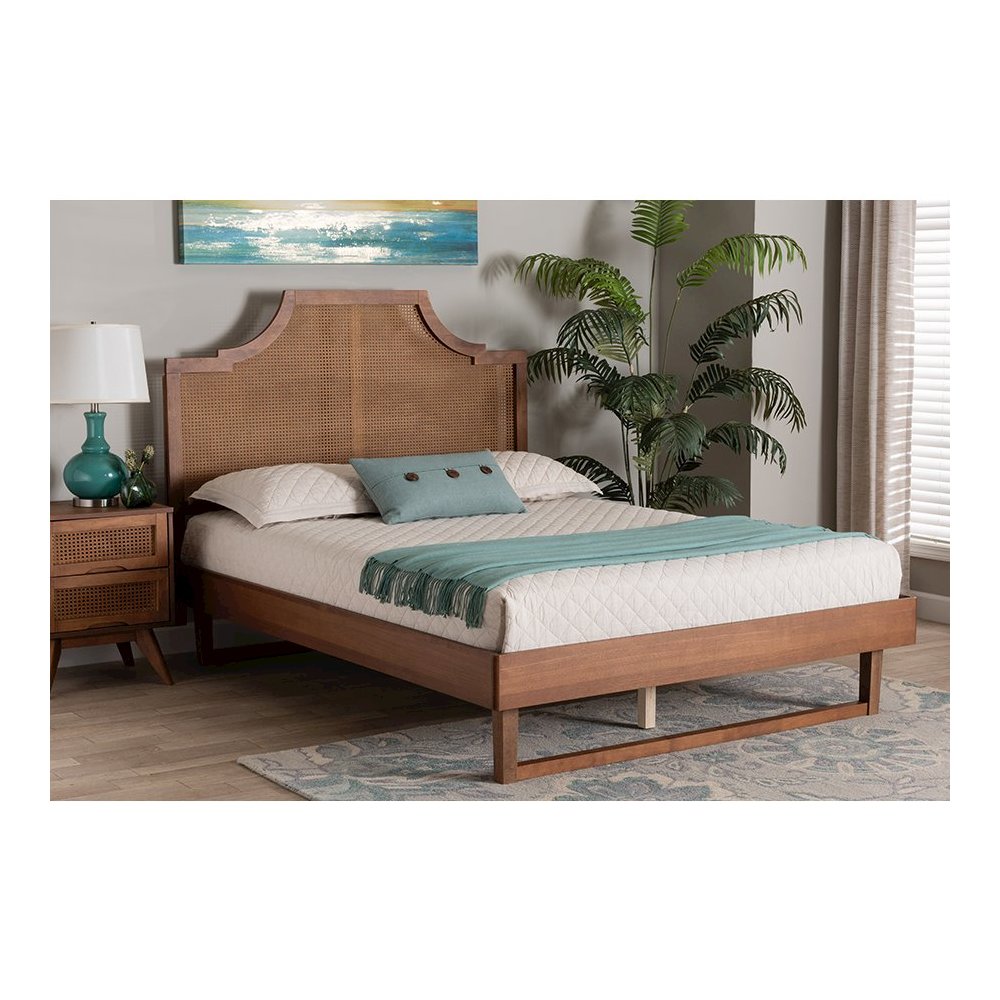 Francine Mid-Century Modern Ash Walnut Woven Rattan King Size Bed. Picture 7