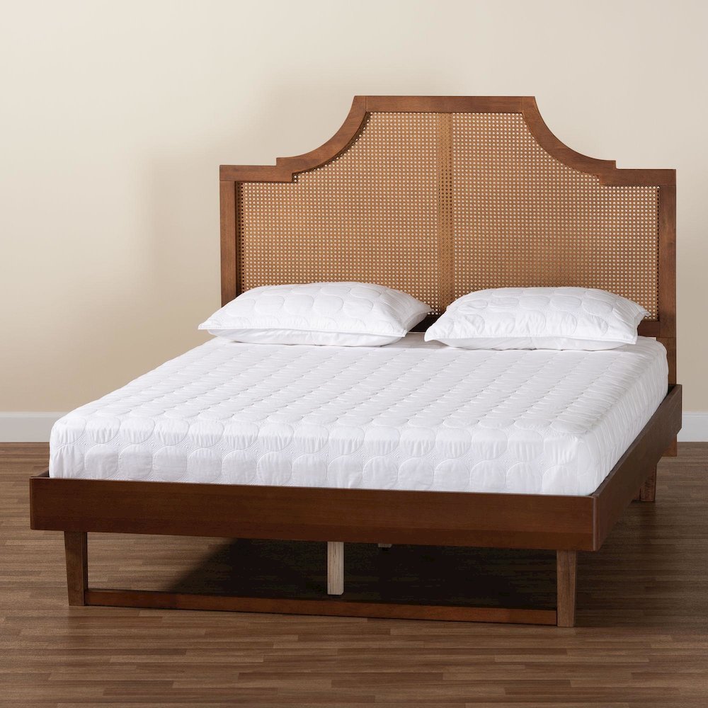 Francine Mid-Century Modern Ash Walnut Woven Rattan King Size Bed. Picture 19