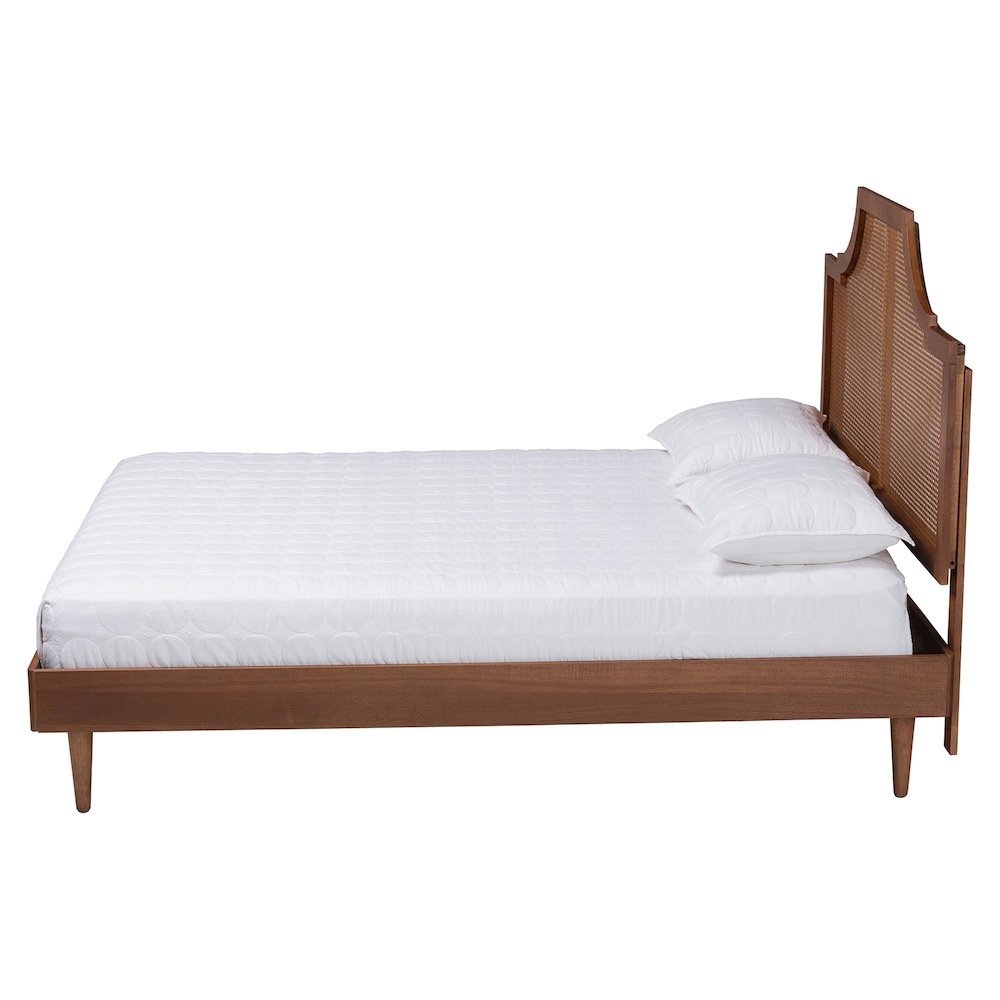 Macaria Mid-Century Modern Ash Walnut Woven Rattan King Size Bed. Picture 13