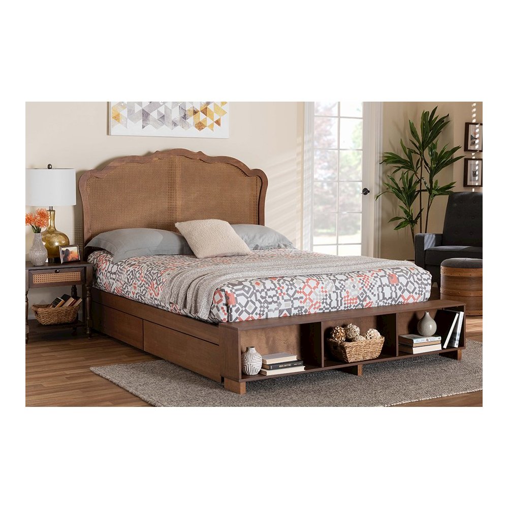 Latrell Mid-Century Walnut Brown Wood and Rattan King Size Storage Bed. Picture 10