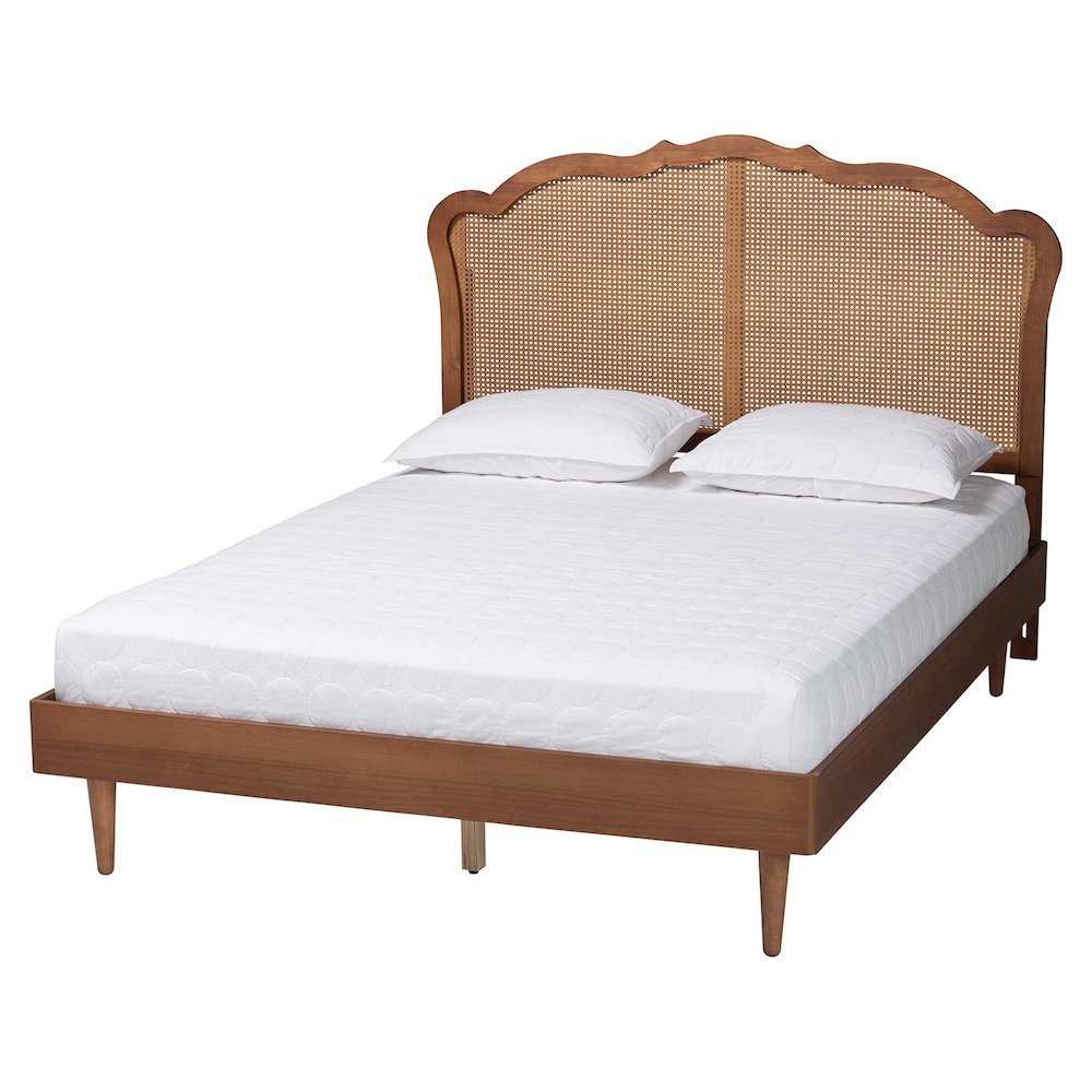 Camden Mid-Century Walnut Brown Wood and Rattan King Size Platform Bed. Picture 12