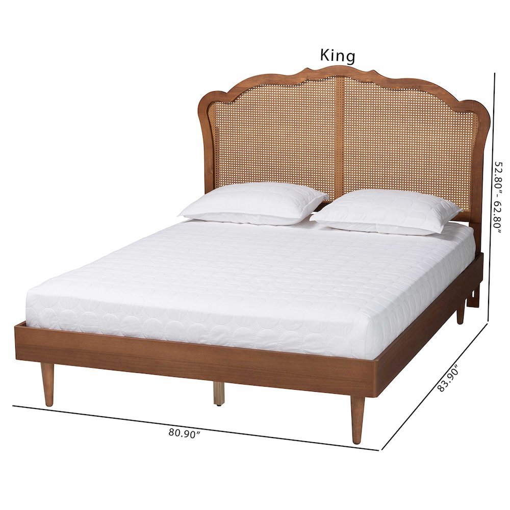 Camden Mid-Century Walnut Brown Wood and Rattan King Size Platform Bed. Picture 21