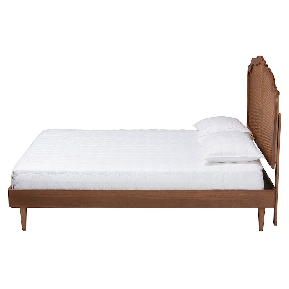 Camden Mid-Century Walnut Brown Wood and Rattan King Size Platform Bed. Picture 13