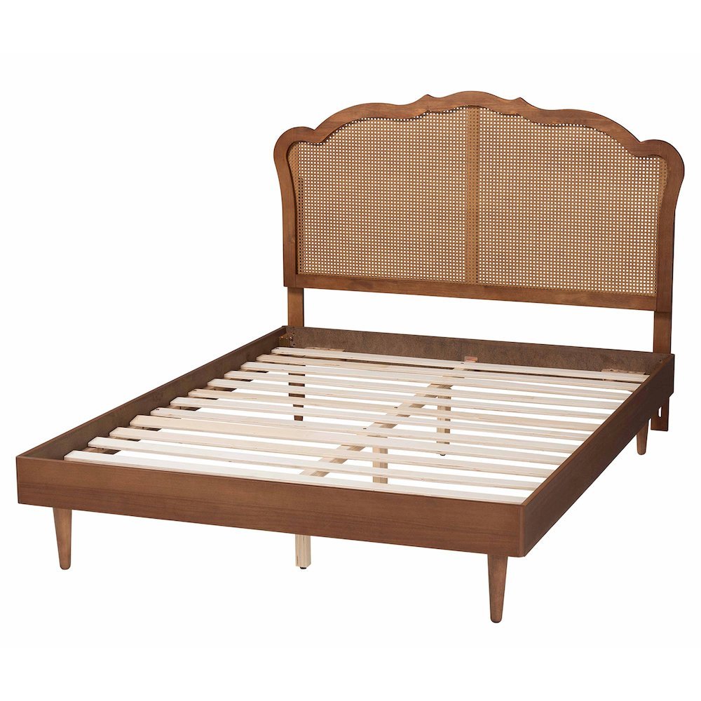 Camden Mid-Century Walnut Brown Wood and Rattan King Size Platform Bed. Picture 14