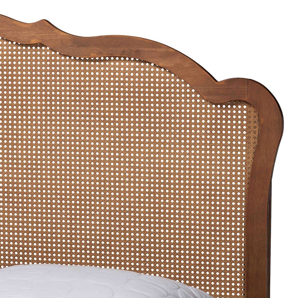 Camden Mid-Century Walnut Brown Wood and Rattan King Size Platform Bed. Picture 15