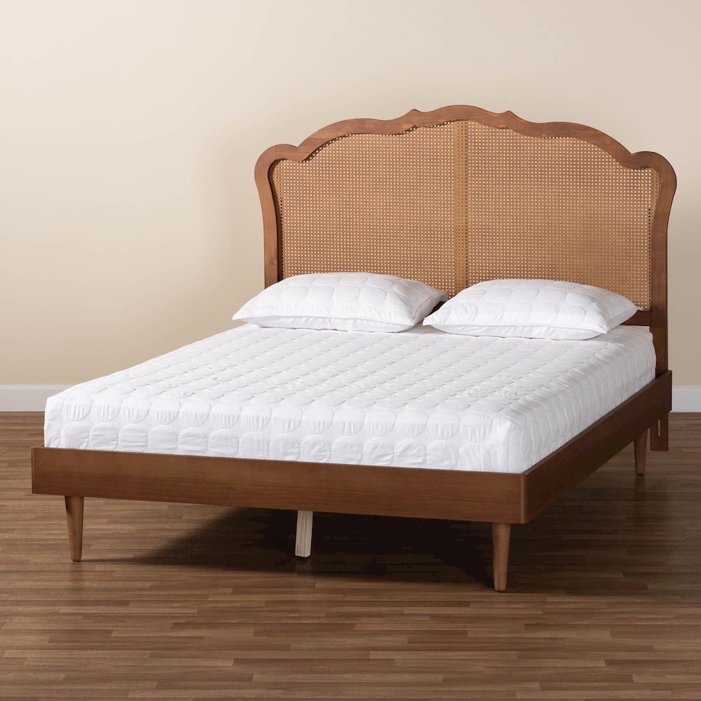 Camden Mid-Century Walnut Brown Wood and Rattan King Size Platform Bed. Picture 19
