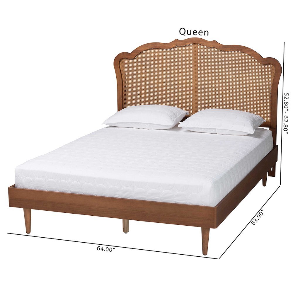 Camden Mid-Century Walnut Brown Wood and Rattan King Size Platform Bed. Picture 20