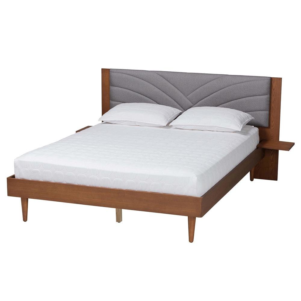 Walnut Brown Wood King Size Platform Bed With Floating Side Table. Picture 12