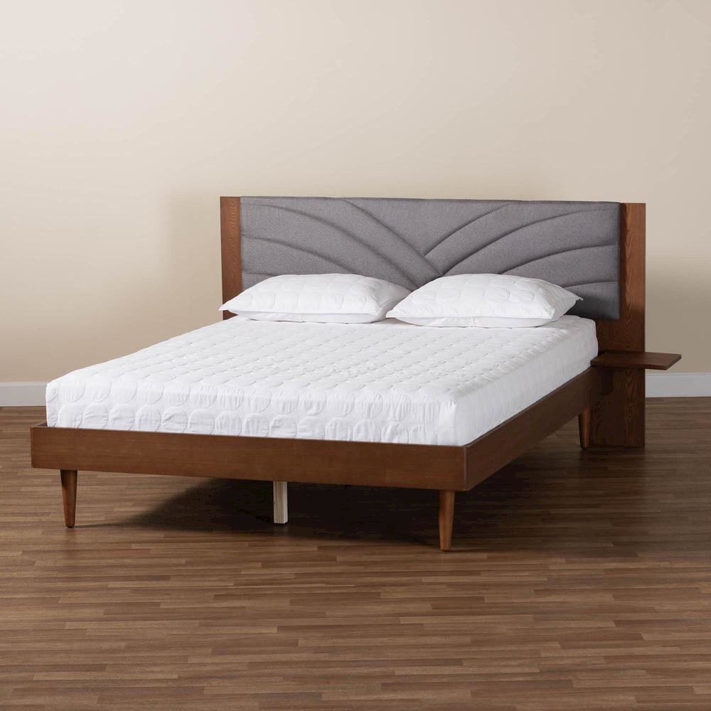 Walnut Brown Wood King Size Platform Bed With Floating Side Table. Picture 20