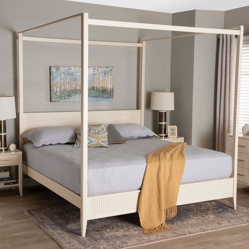 Primrose Mid-Century Ivory Fluted Wood King Size Canopy Bed. Picture 20