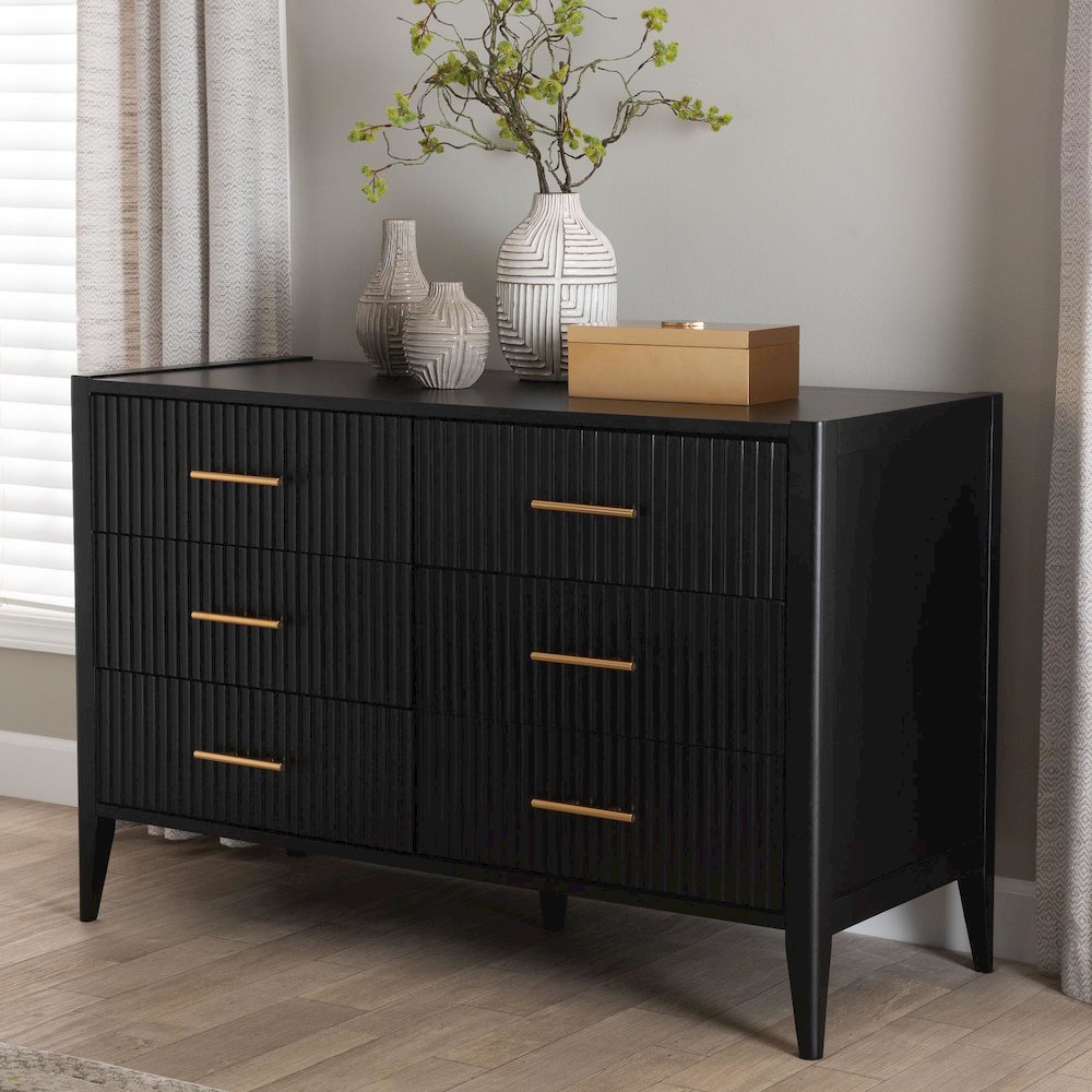 Primrose Mid-Century Black Fluted Wood 6-Drawer Dresser. Picture 22