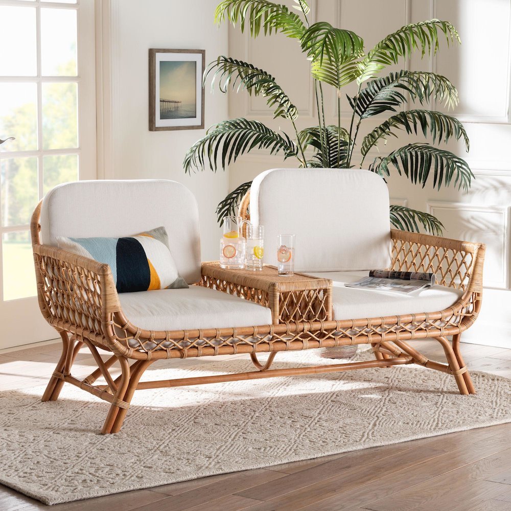 Pakis Bohemian Light Honey Rattan Tete-a-Tete Sofa. Picture 22