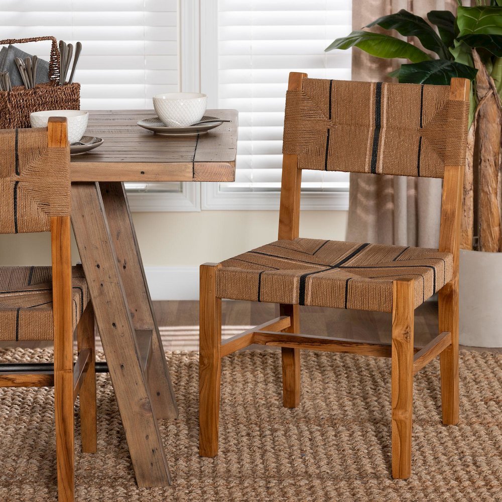 Prita Bohemian Paper Loom and Natural Mahogany Wood Dining Chair. Picture 22
