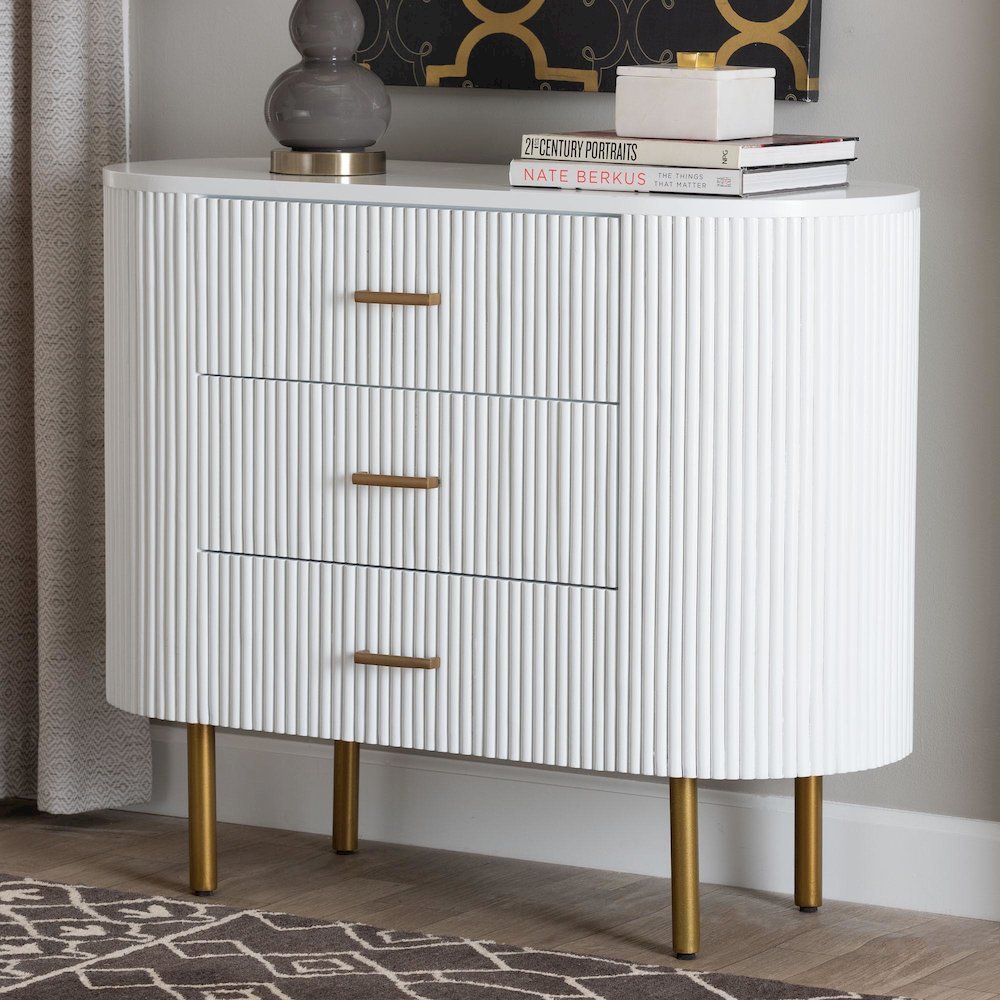 Beyla Mid-Century White Fluted Wood and Gold Metal 3-Drawer Dresser. Picture 22