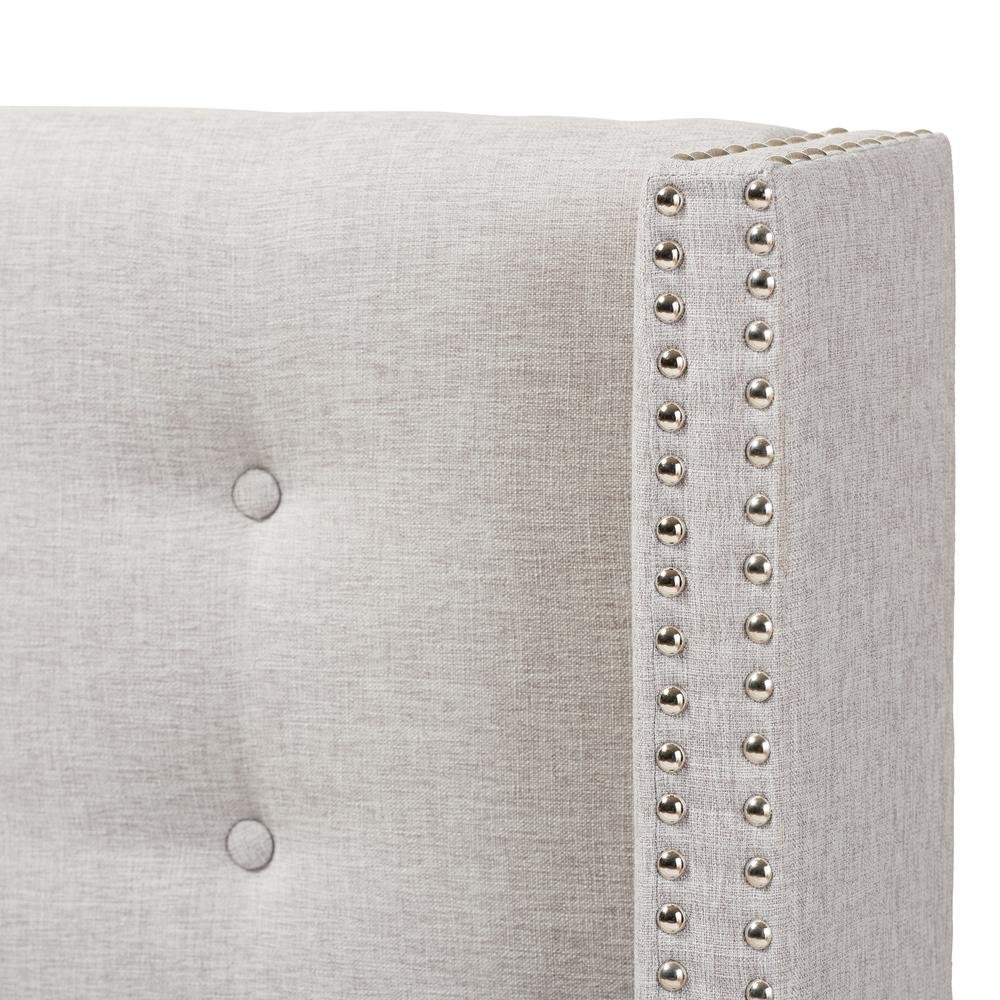 Greyish Beige Fabric Button-Tufted Nail head King Size Winged Headboard. Picture 9