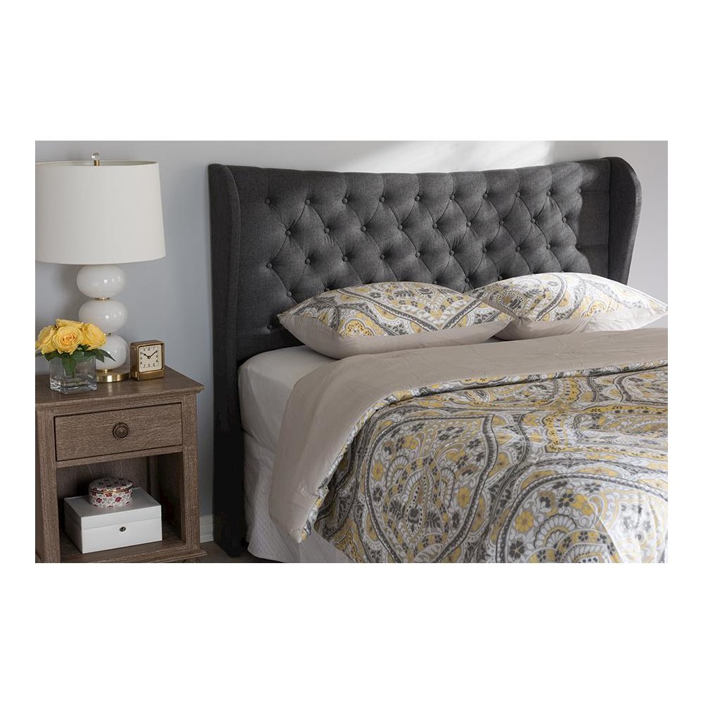 Dark Grey Fabric Button-Tufted Queen Size Winged Headboard. Picture 4