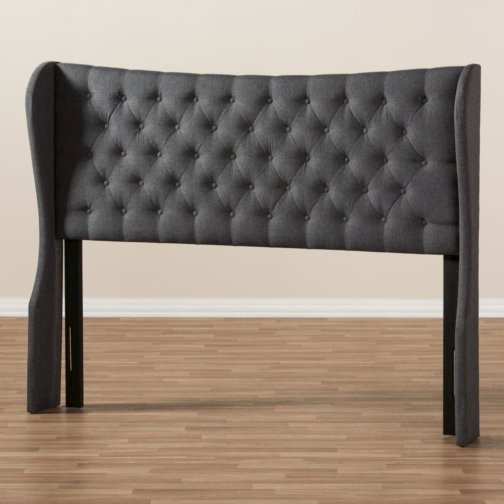 Dark Grey Fabric Button-Tufted Queen Size Winged Headboard. Picture 11
