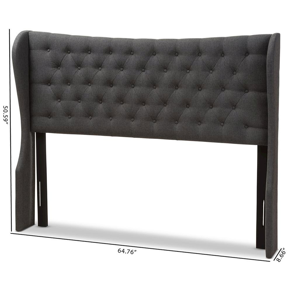 Dark Grey Fabric Button-Tufted Queen Size Winged Headboard. Picture 12