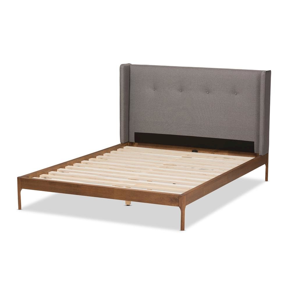 Brooklyn Mid-Century Modern Walnut Wood Grey Fabric King Size Platform Bed. Picture 13
