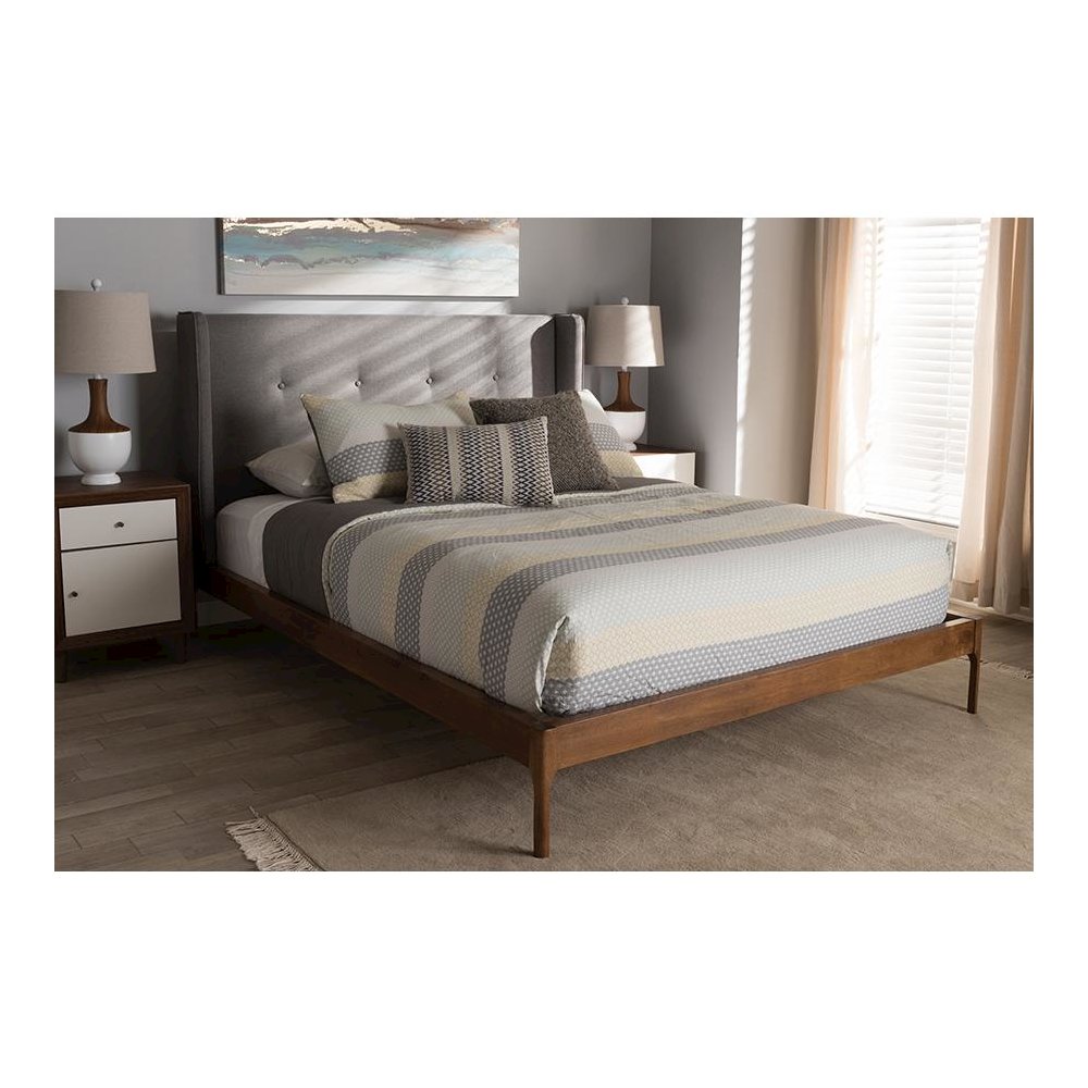 Brooklyn Mid-Century Modern Walnut Wood Grey Fabric King Size Platform Bed. Picture 8